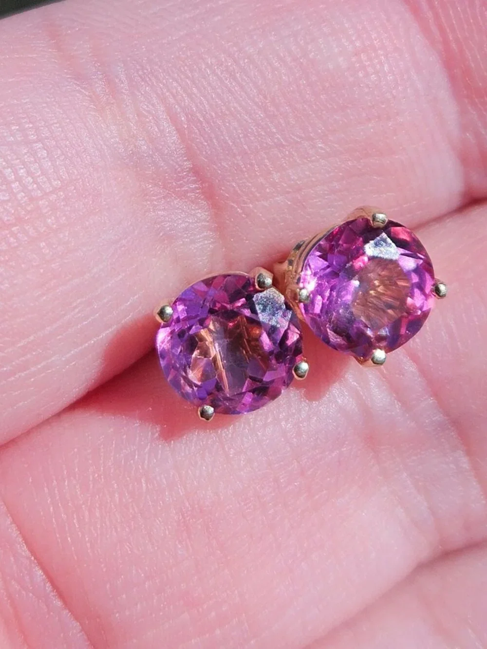 14K Yellow Gold Pink Topaz 4 Prong Stud Earrings 7mm - Picture 6 of 16
